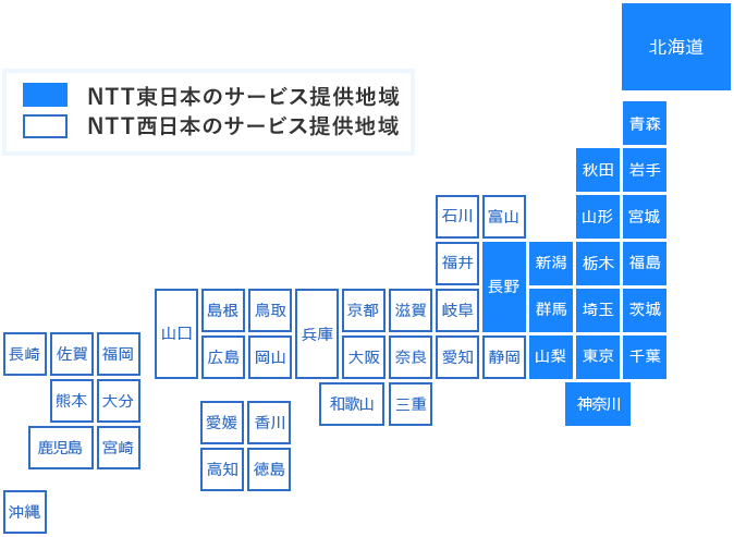 NTT東日本、西日本のサービス提供地域