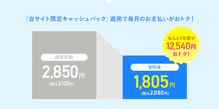 「当サイト限定キャッシュバック」適用で毎月のお支払いがおトク!