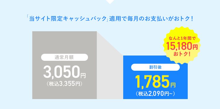「当サイト限定キャッシュバック」適用で毎月のお支払いがおトク!