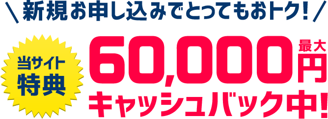 新規お申し込みでとってもおトク!当サイト特典 最大60,000円キャッシュバック中!