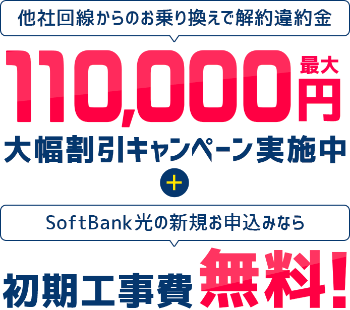 他社回線からのお乗り換えで解約違約金最大110,000円大幅割引キャンペーン実施中+Softbank光の新規お申込みなら初期工事費無料!