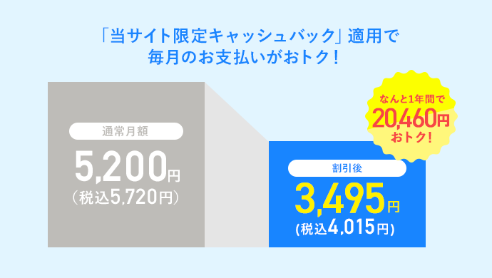 「当サイト限定キャッシュバック」適用で毎月のお支払いがおトク！