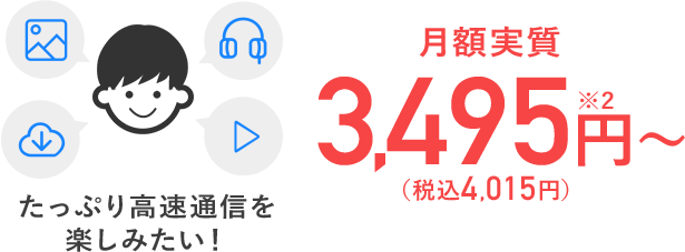 たっぷり高速通信を楽しみたい！月額実質3,495円～