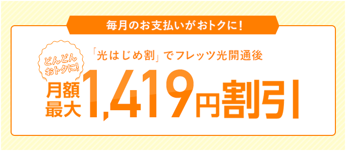 毎月のお支払いがおトクに！「光はじめ割」でフレッツ光開通後 月額最大1,419円理引