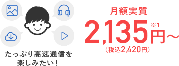 たっぷり高速通信を楽しみたい！月額実質2,135円～