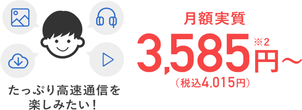 たっぷり高速通信を楽しみたい！月額実質3,585円～